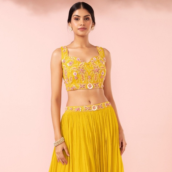 House of Indya floral tie dye yellow haldi embellished lehenga set - Picture 4 of 13